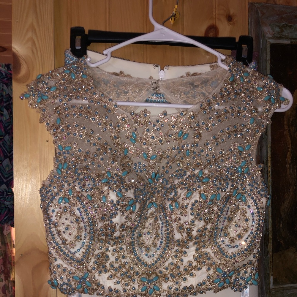 White blue and gold 2 piece prom dress